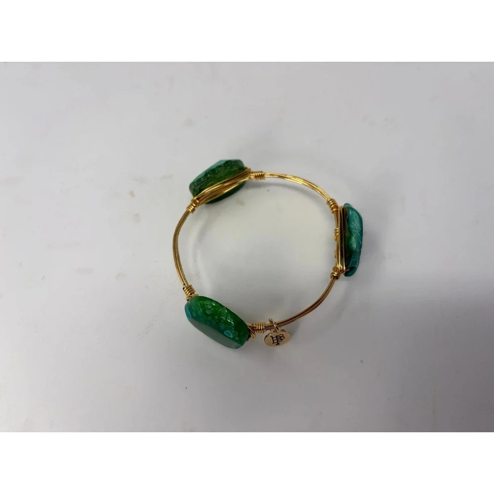 Bourbon & Boweties Green Agate Gold Wire Wrapped Bangle Bracelet Stone Trio